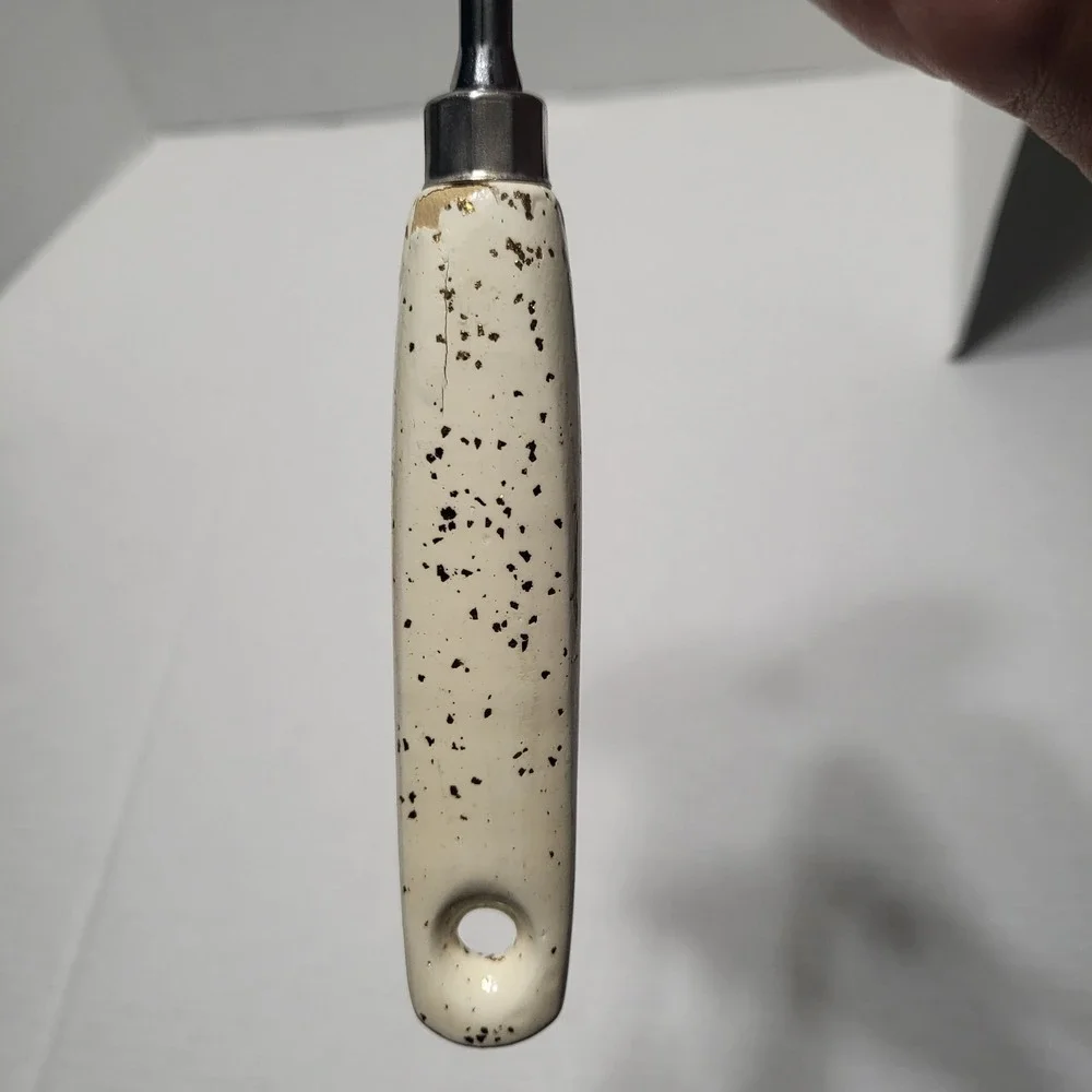 Vtg Ekco USA Chromium Plated Serving Spoon White Speckled Plastic Handle12.5